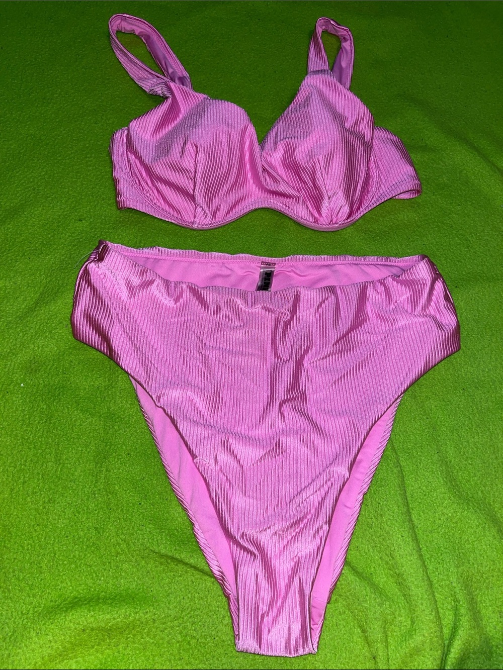 PINK Victoria's Secret Ribbed Hot Pink Underwire Bikini Set
